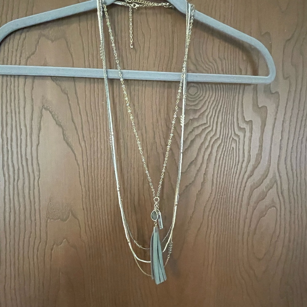 White House Black Market Gold Layered Tassel Necklace with Gray Tassel